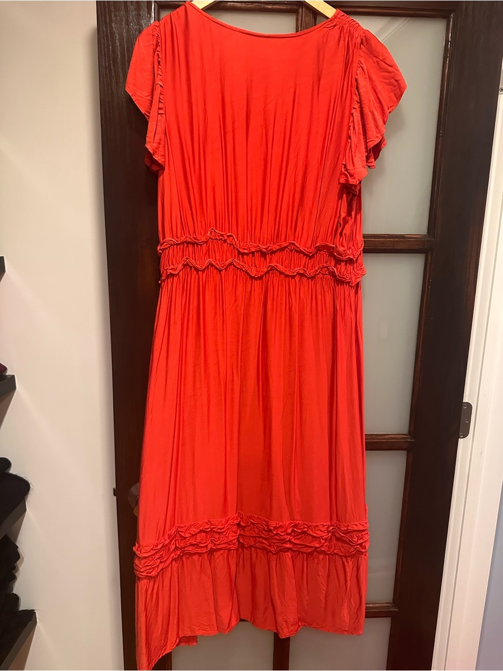 NWOT J Jill rust/red Midi dress with ruffle waist & trim.